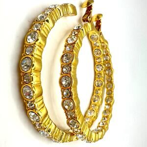 China signed gold tone clear rhinestones chunky hoops statement clip on earrings